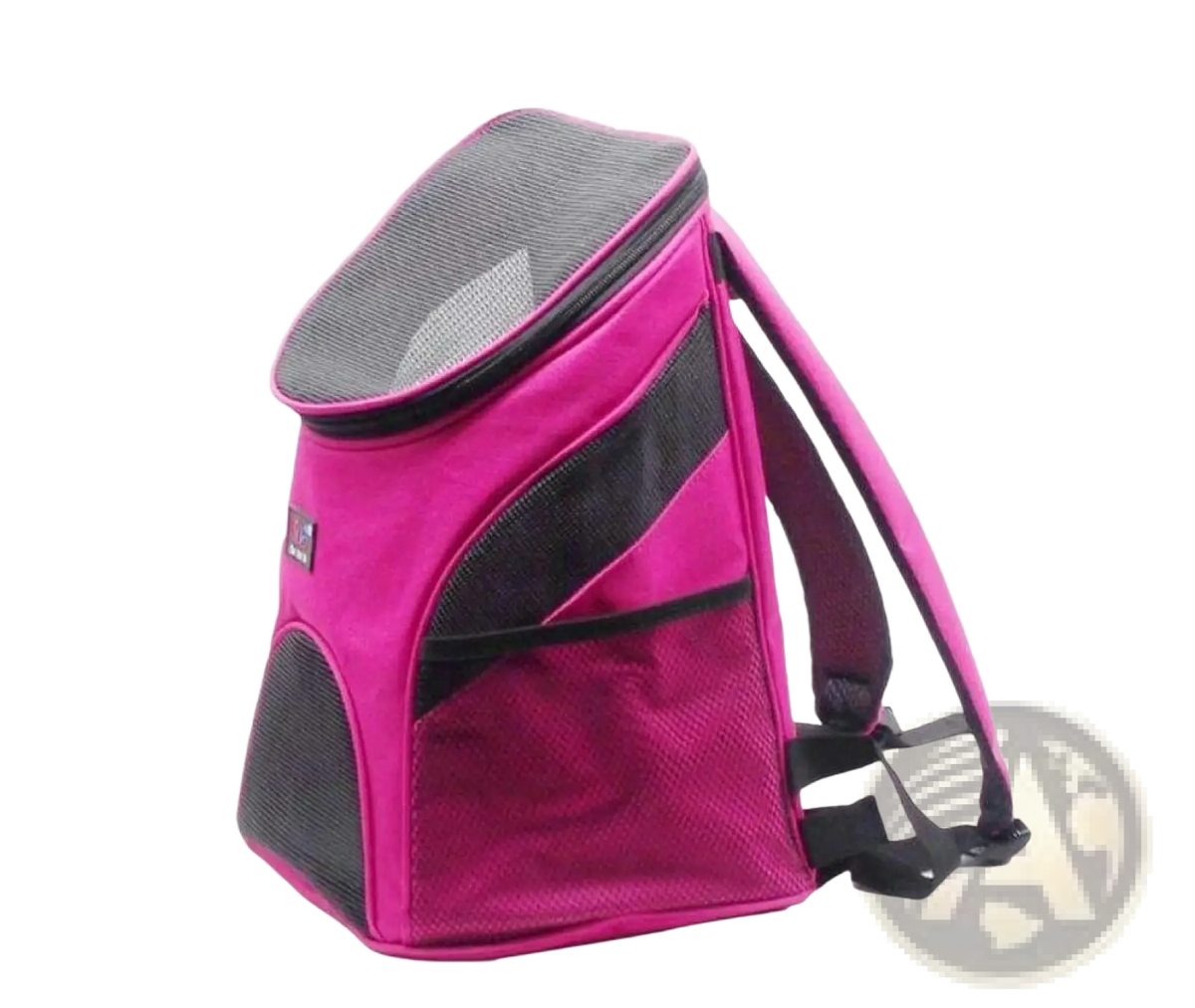 Breathable pink and black mesh pet travel backpack carrier with adjustable straps shown from the back side