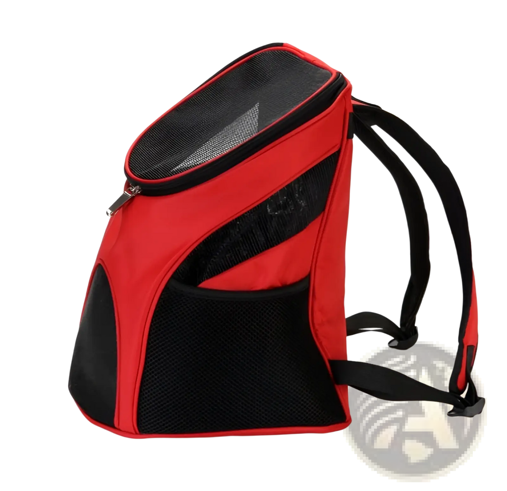 Red and black breathable pet travel backpack carrier with mesh ventilation panels for comfortable pet transport