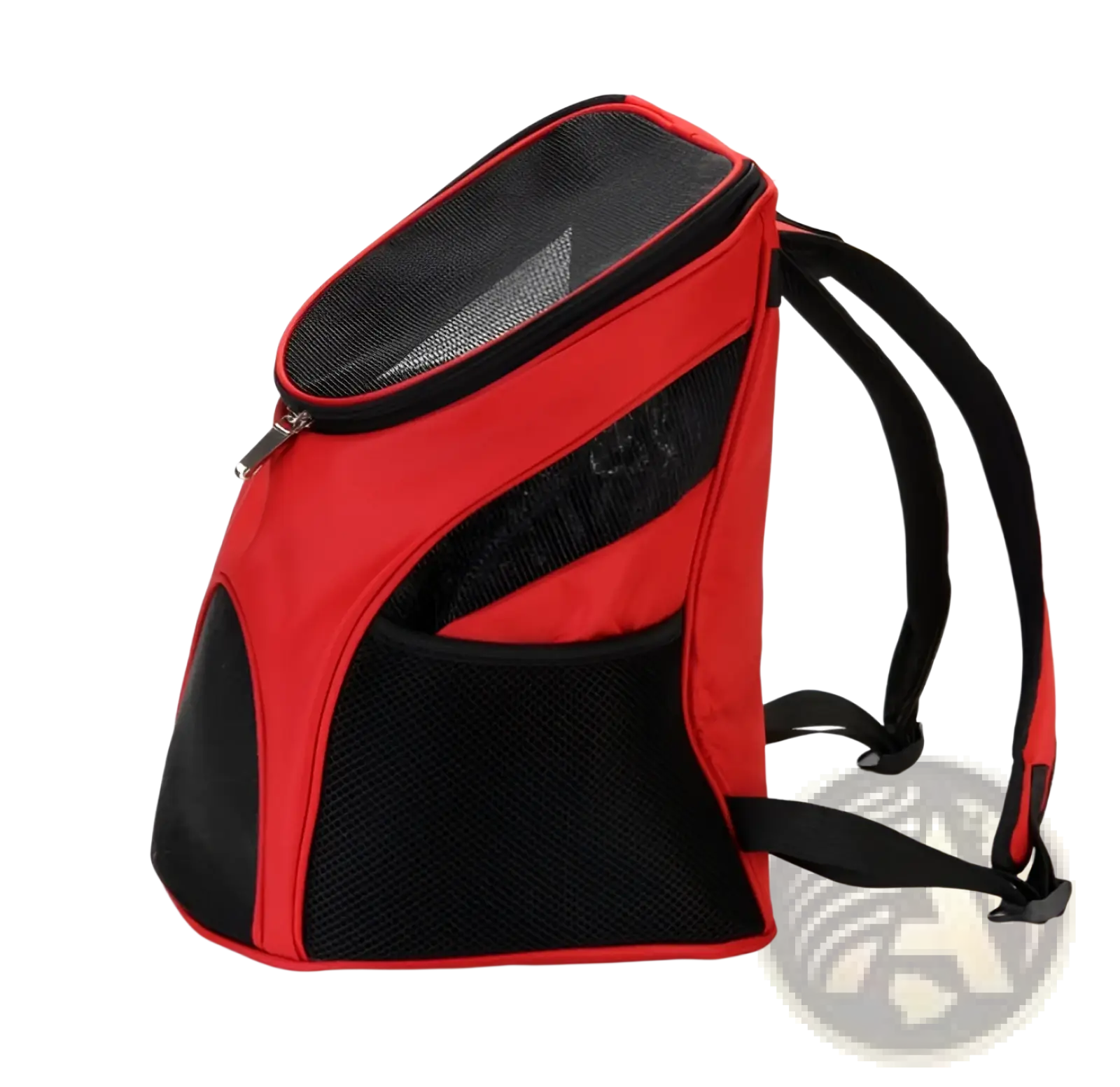 Red and black breathable pet travel backpack carrier with mesh ventilation panels for comfortable pet transport