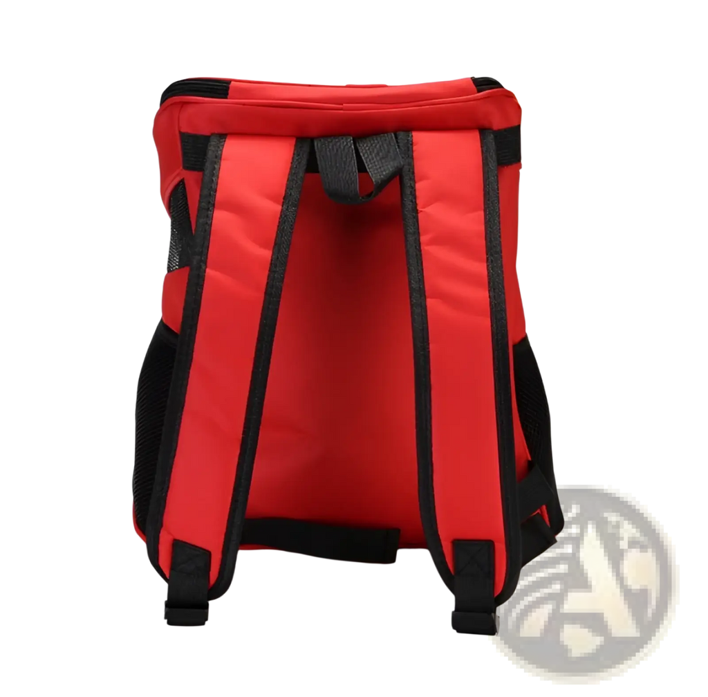 Breathable pet travel backpack carrier in red and black with insulated fabric and mesh side pockets for ventilation