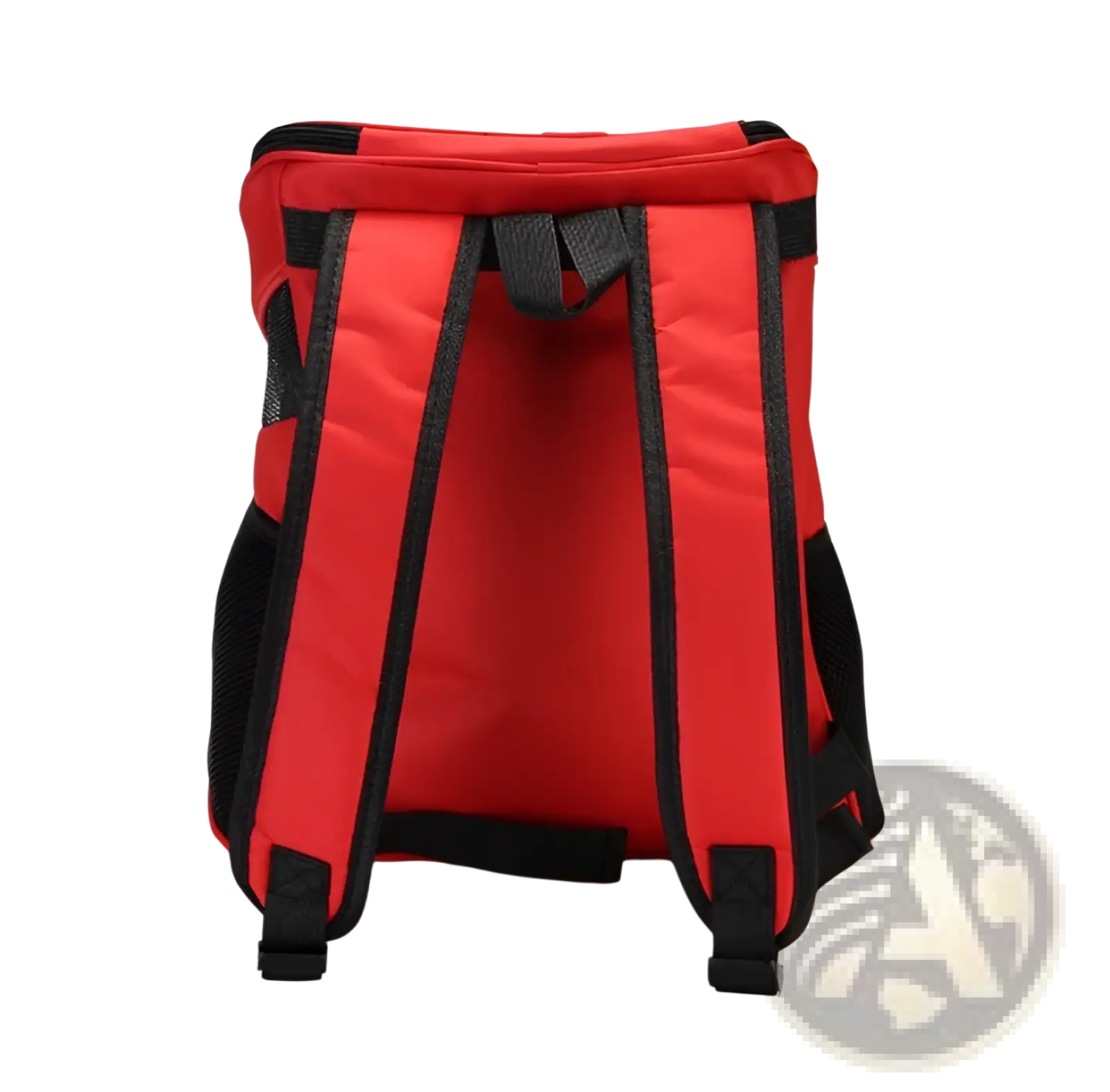 Breathable pet travel backpack carrier in red and black with insulated fabric and mesh side pockets for ventilation