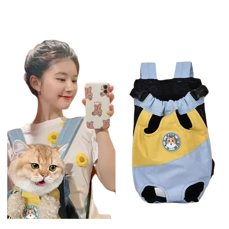 Light blue and yellow breathable pet travel backpack with black accents and cartoon cat face patch for small dogs and cats