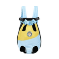 Breathable light blue and yellow dog backpack with black accents and circular good dog emblem for small pets travel