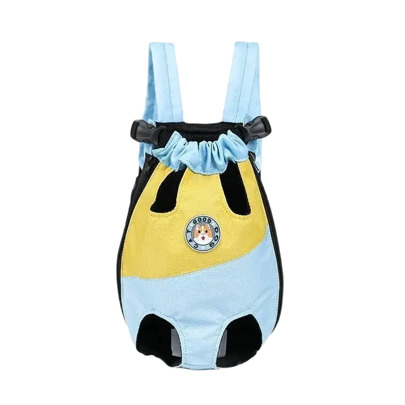 Breathable light blue and yellow dog backpack with black accents and circular good dog emblem for small pets travel