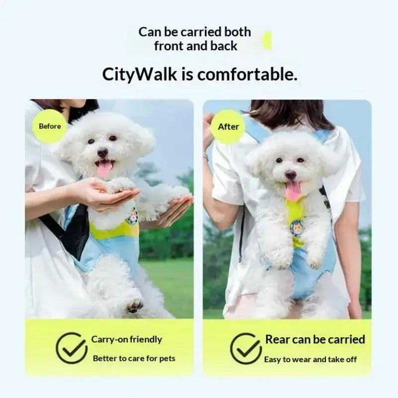 Light blue and yellow breathable pet travel backpack with adjustable straps for front or back carrying of small pets