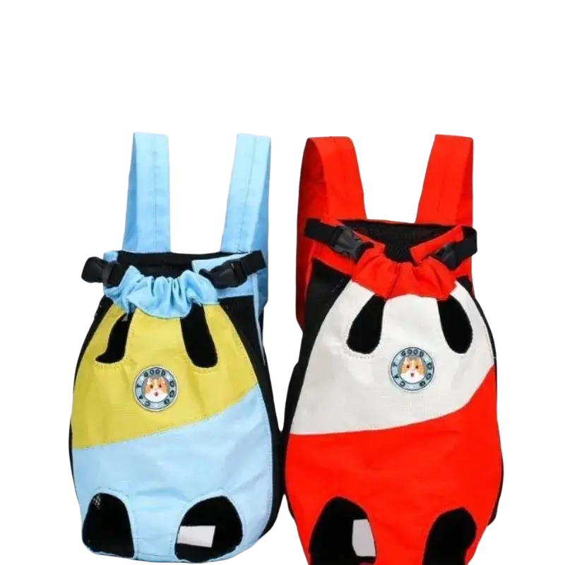 Two breathable pet travel backpacks for small dogs and cats in light blue yellow and red white with adjustable straps