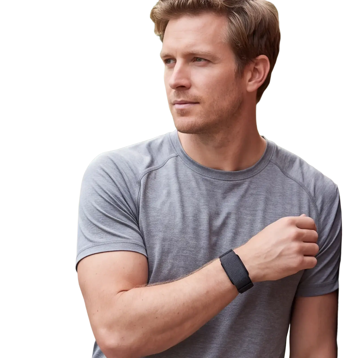 Black breathable replacement strap made of nylon worn on a man’s wrist for cirqa smart band adjustable sport watch