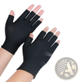 Breathable white cotton fingerless gloves shown from the back made of lightweight fabric with exposed fingers