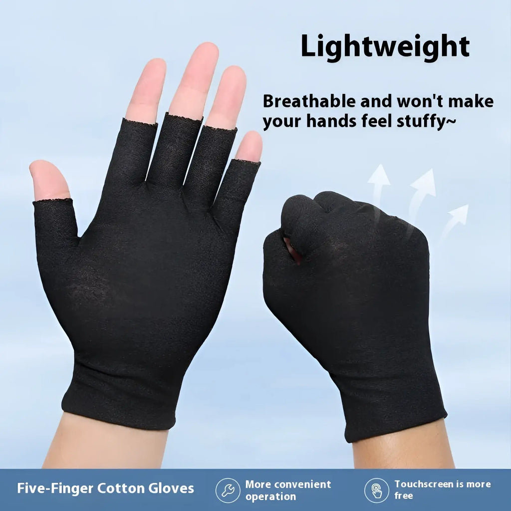 Black five-finger cotton gloves designed for lightweight comfort and touchscreen use shown from the back side