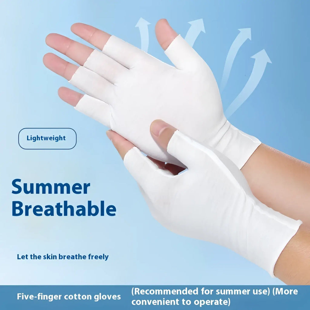 White five-finger cotton gloves showing back side designed for summer wear with lightweight breathable fabric