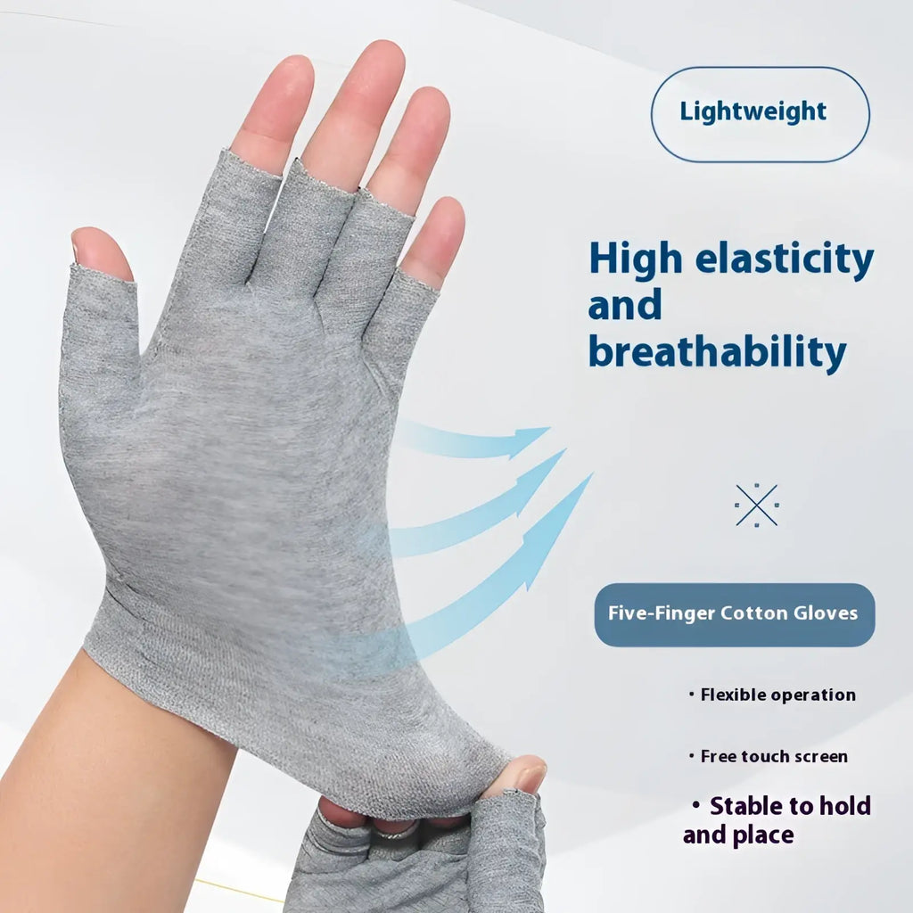 Gray five-finger cotton gloves with lightweight breathable design shown from the back side for comfortable use