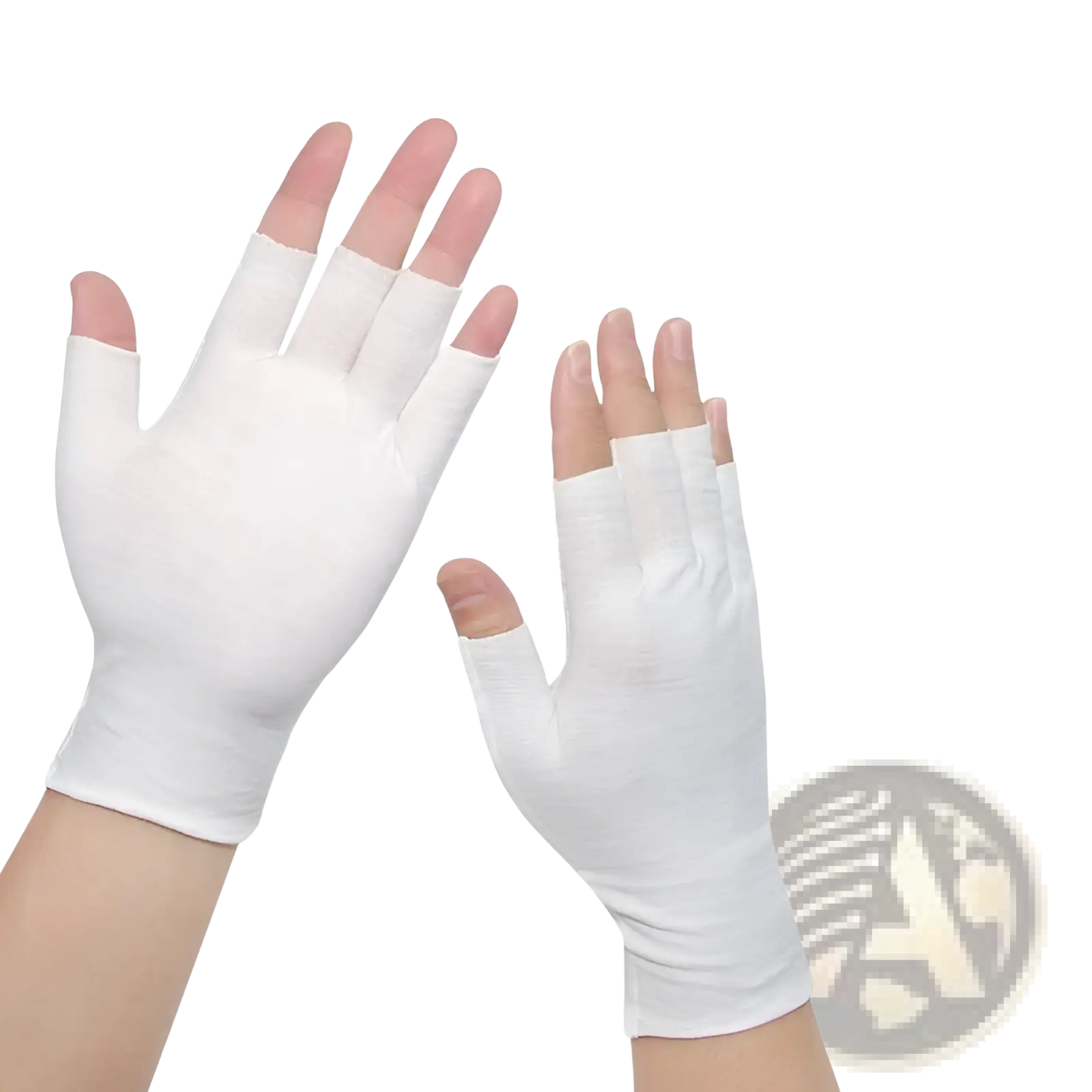 Breathable white cotton fingerless gloves made of soft stretchy fabric shown from the back side