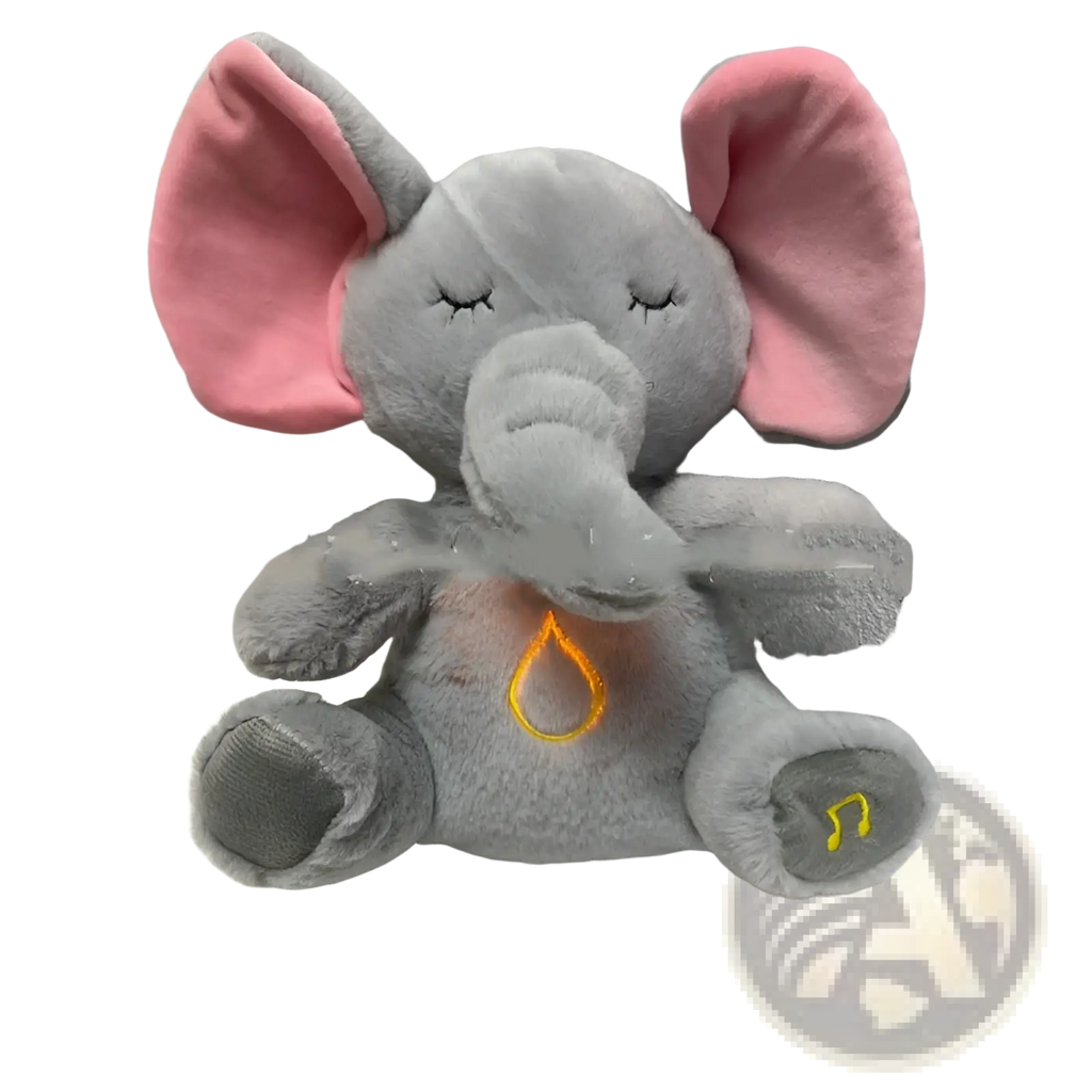A plush gray elephant soothing sensory baby toy with pink ears yellow musical notes and glowing orange teardrop chest