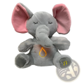 A plush gray elephant soothing sensory baby toy with pink ears yellow musical notes and glowing orange teardrop chest