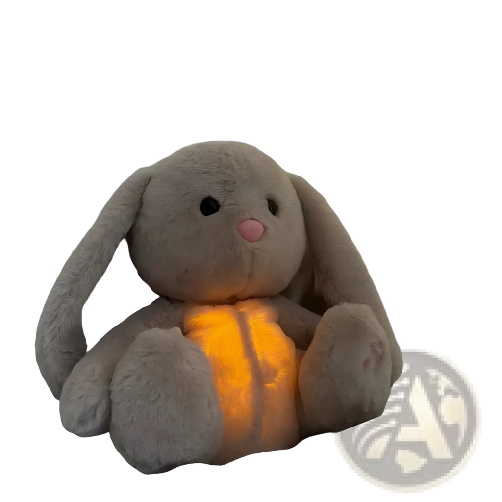 A soft gray plush breathing rabbit baby toy with long ears and glowing belly for soothing sensory comfort