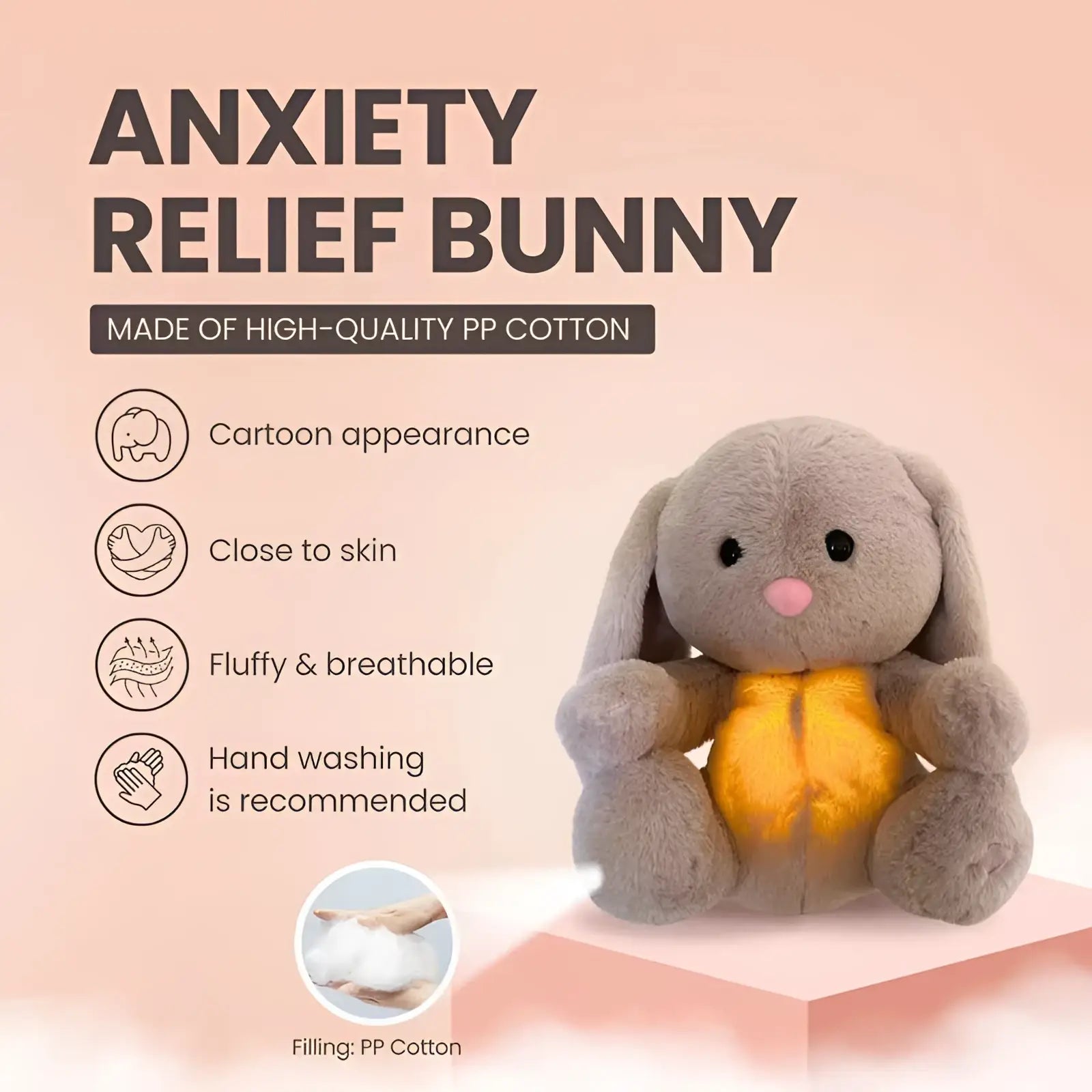 A soft gray plush breathing rabbit with long floppy ears and a bright yellow pp cotton belly soothing sensory toy