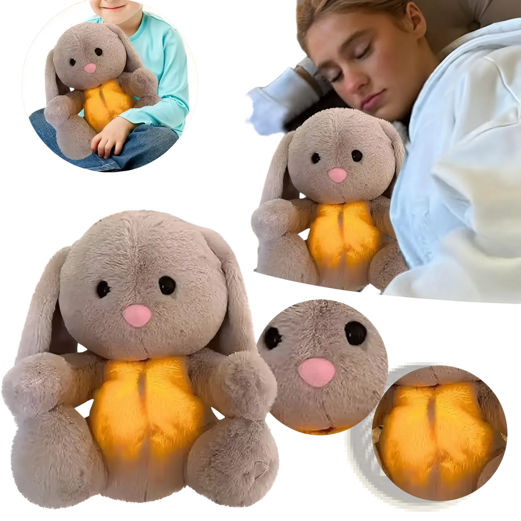 Soft gray plush bunny breathing rabbit soothing sensory baby toy with glowing yellow belly black button eyes and pink nose