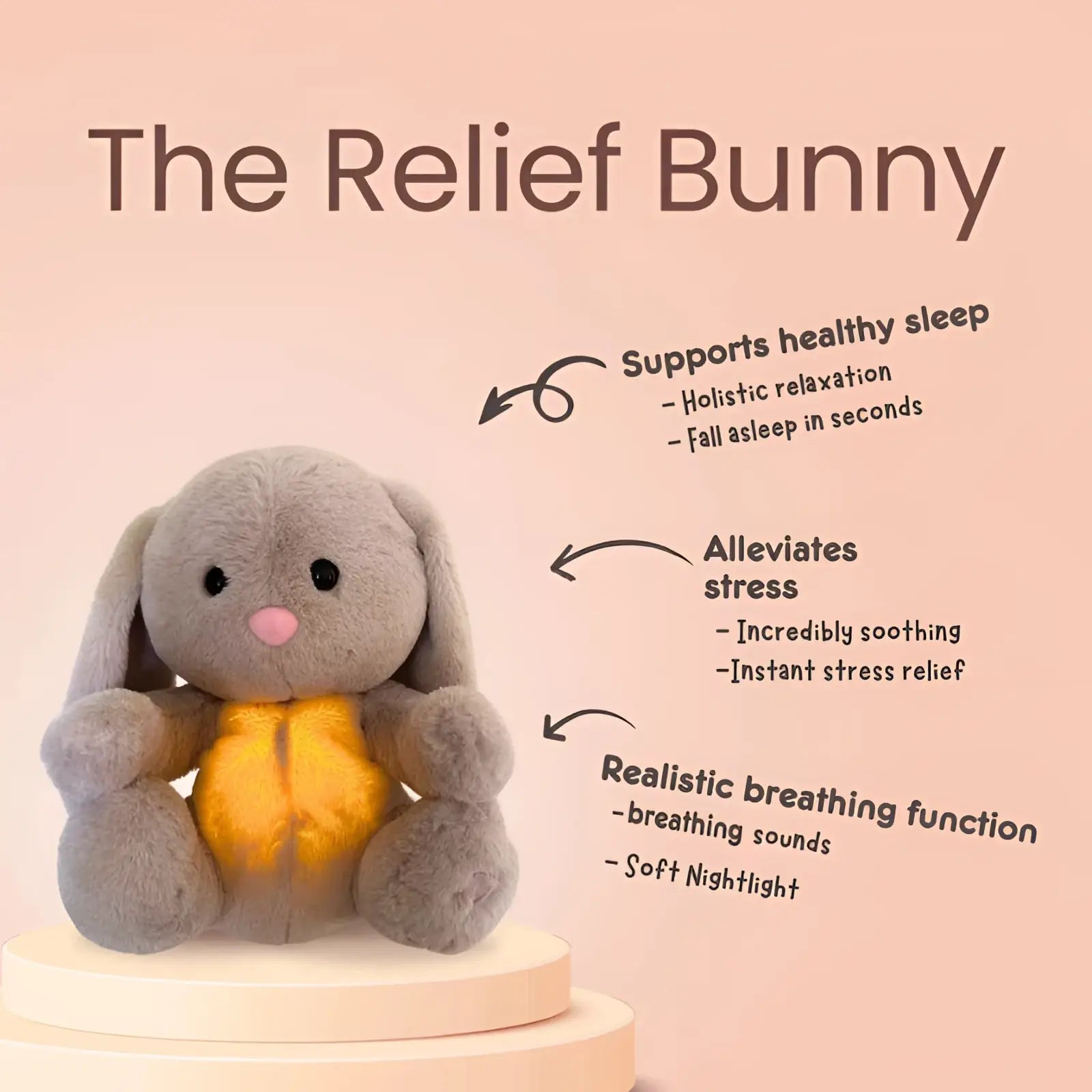 Gray plush rabbit with glowing yellow belly made for stress relief and sleep support soothing sensory toy