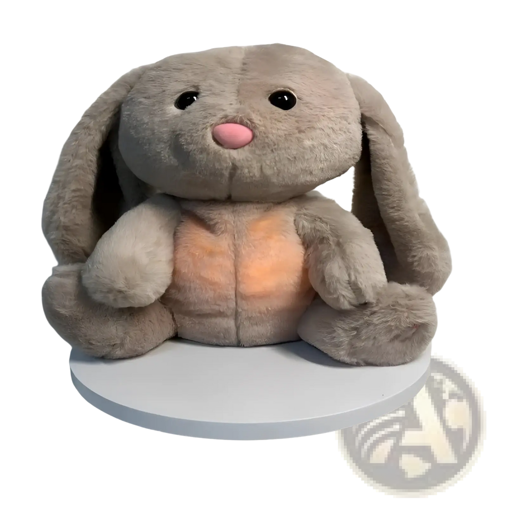 A soft plush gray breathing rabbit soothing sensory baby toy with long floppy ears and a pink nose on a white turntable