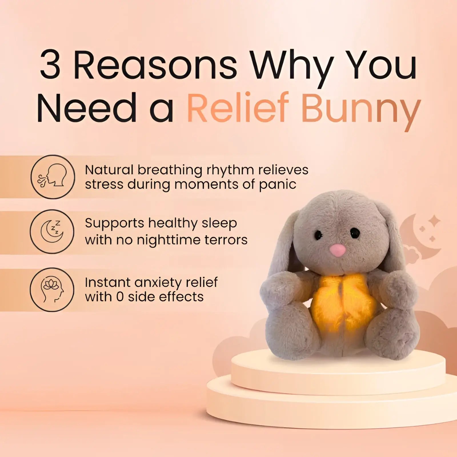Soft gray plush bunny with yellow belly made as a breathing rabbit soothing sensory plush baby anxiety relief toy