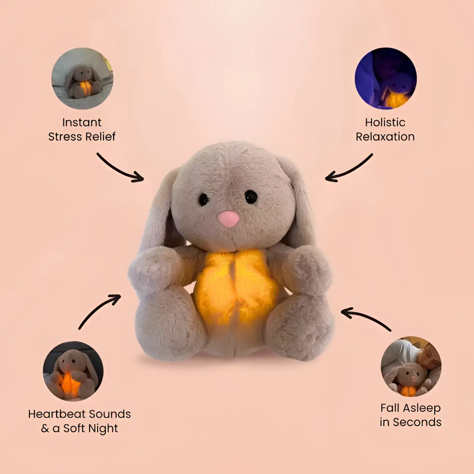 A plush gray breathing rabbit soothing sensory baby toy with a glowing yellow belly for stress relief