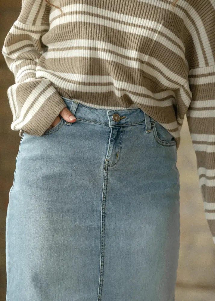 Bria light wash sustainable denim maxi skirt with classic straight cut and visible stitching details