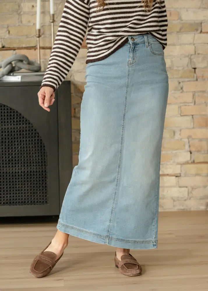 Bria light wash sustainable denim midi skirt with straight cut and classic front seam in light-wash denim