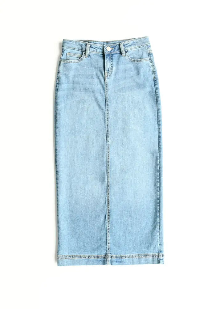 Bria light wash sustainable denim midi skirt with classic button and zipper closure in light-wash denim material
