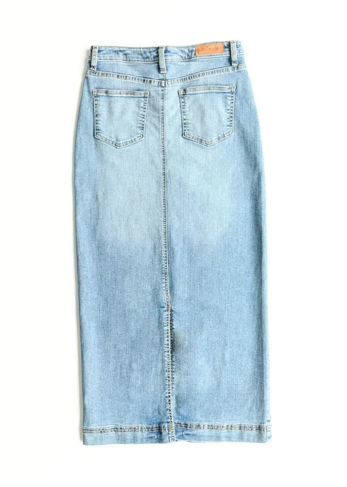 Bria light wash sustainable denim maxi skirt back view featuring classic pockets and subtle stitching details