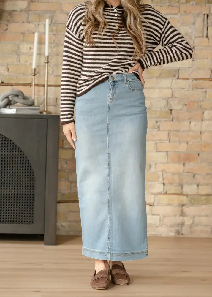 Bria light wash sustainable denim midi skirt with straight cut and front zipper closure in light wash denim