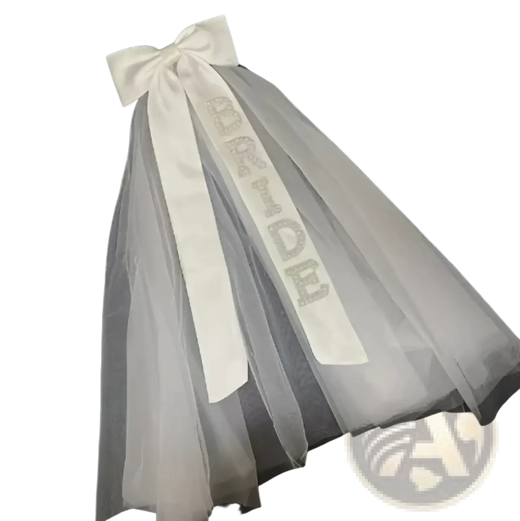 A delicate white tulle bridal bow veil with sparkling rhinestone bride to be lettering and a matching satin bow