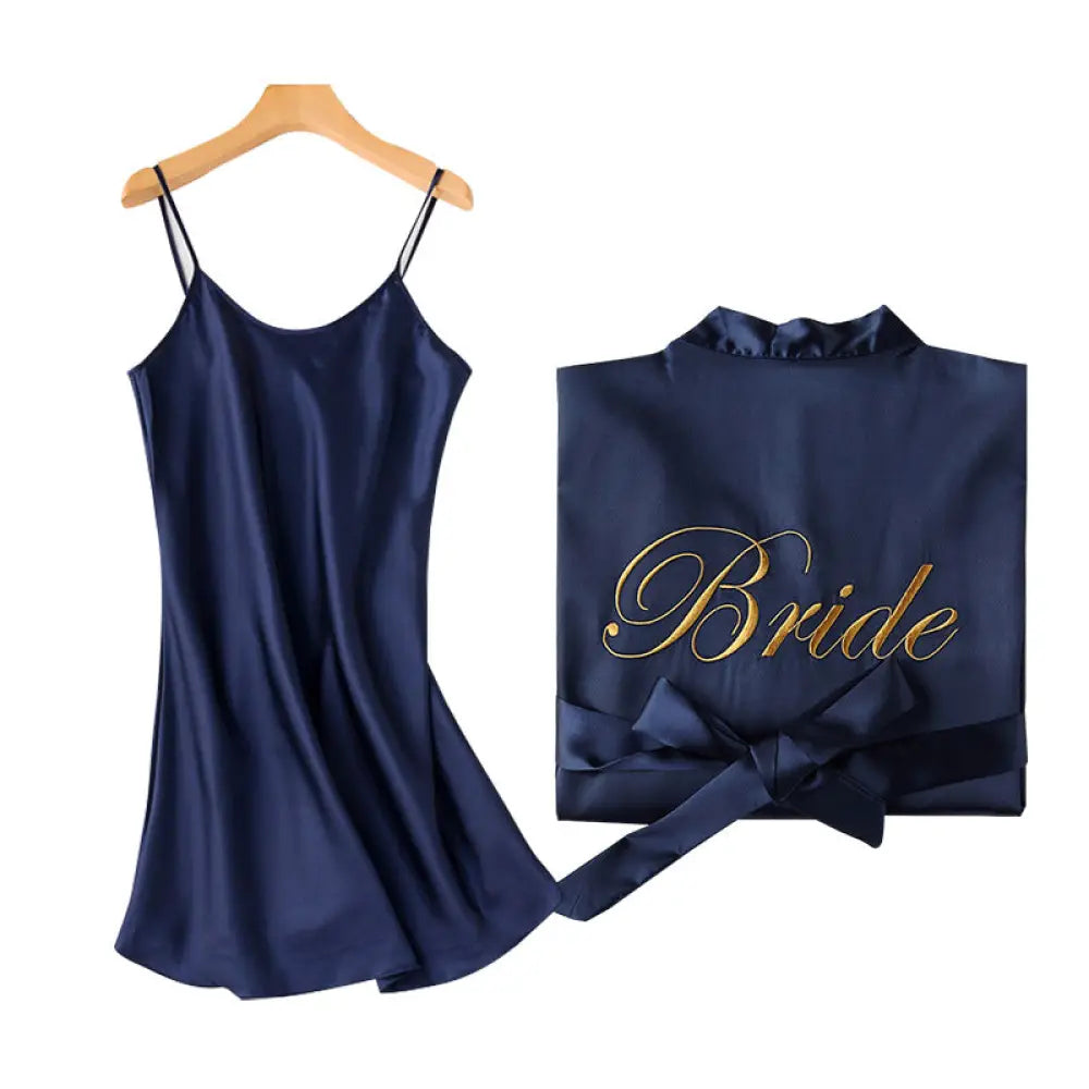 Navy blue satin bridesmaid robe with gold bride embroidery and matching tie belt from embroidered satin bridal nightgown set