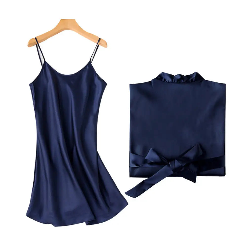 Navy blue embroidered satin bridal nightgown slip dress with thin straps and matching satin robe tied at the waist