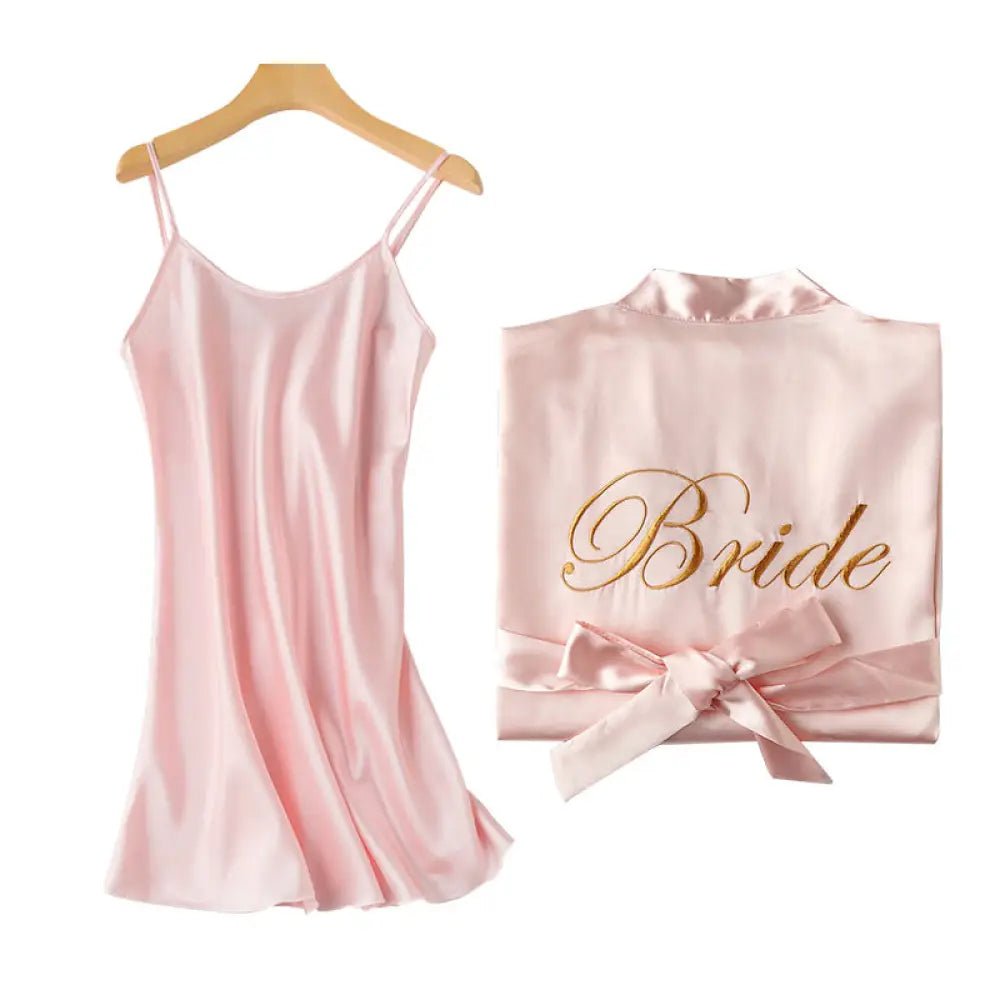 Pink satin bridesmaid robe with gold bride embroidery and matching bow from embroidered satin bridal nightgown set