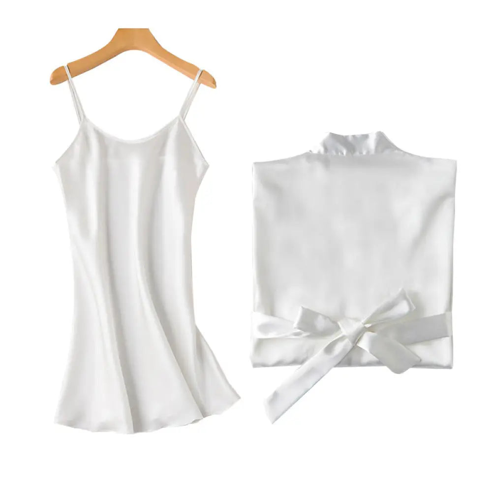 White satin camisole and matching embroidered satin bridal nightgown and robe set for elegant bridal wear