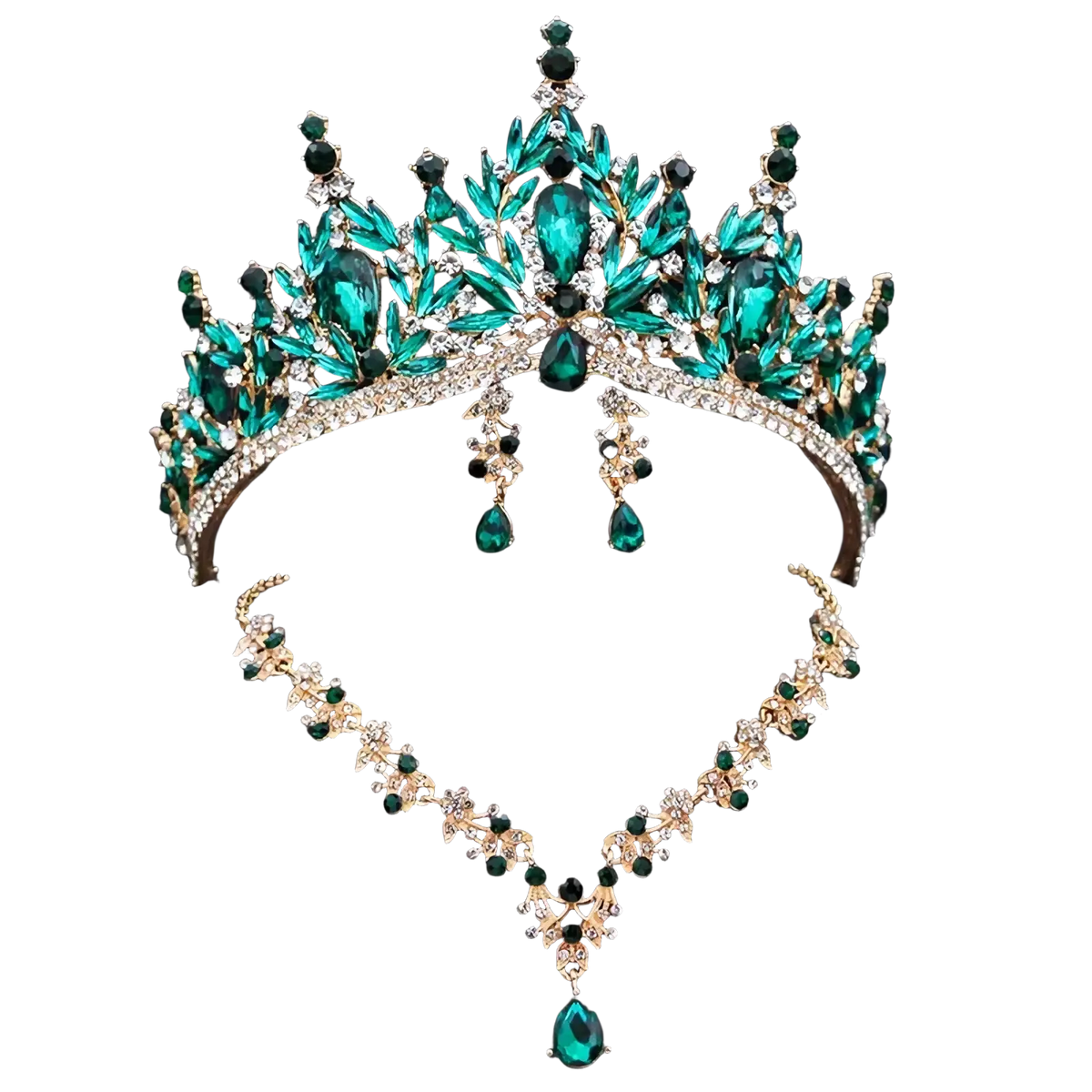 Emerald green and clear crystal bridal crown set with gold-tone metalwork for wedding accessories
