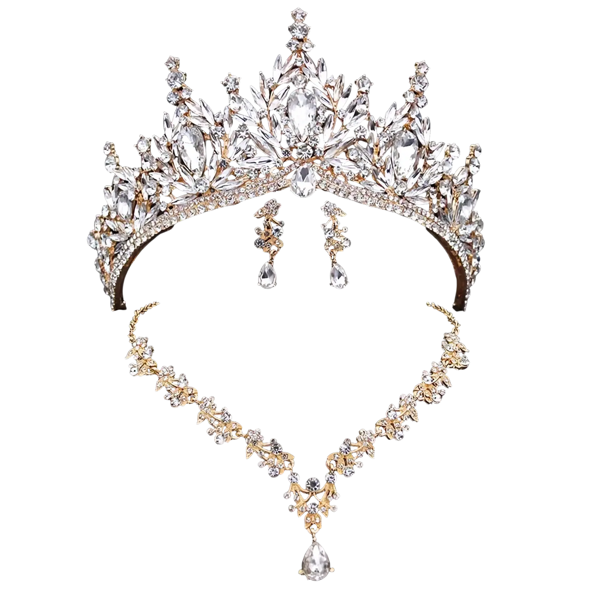 A sparkling gold bridal crown and jewelry set with clear crystal leaf designs and teardrop pendant accents