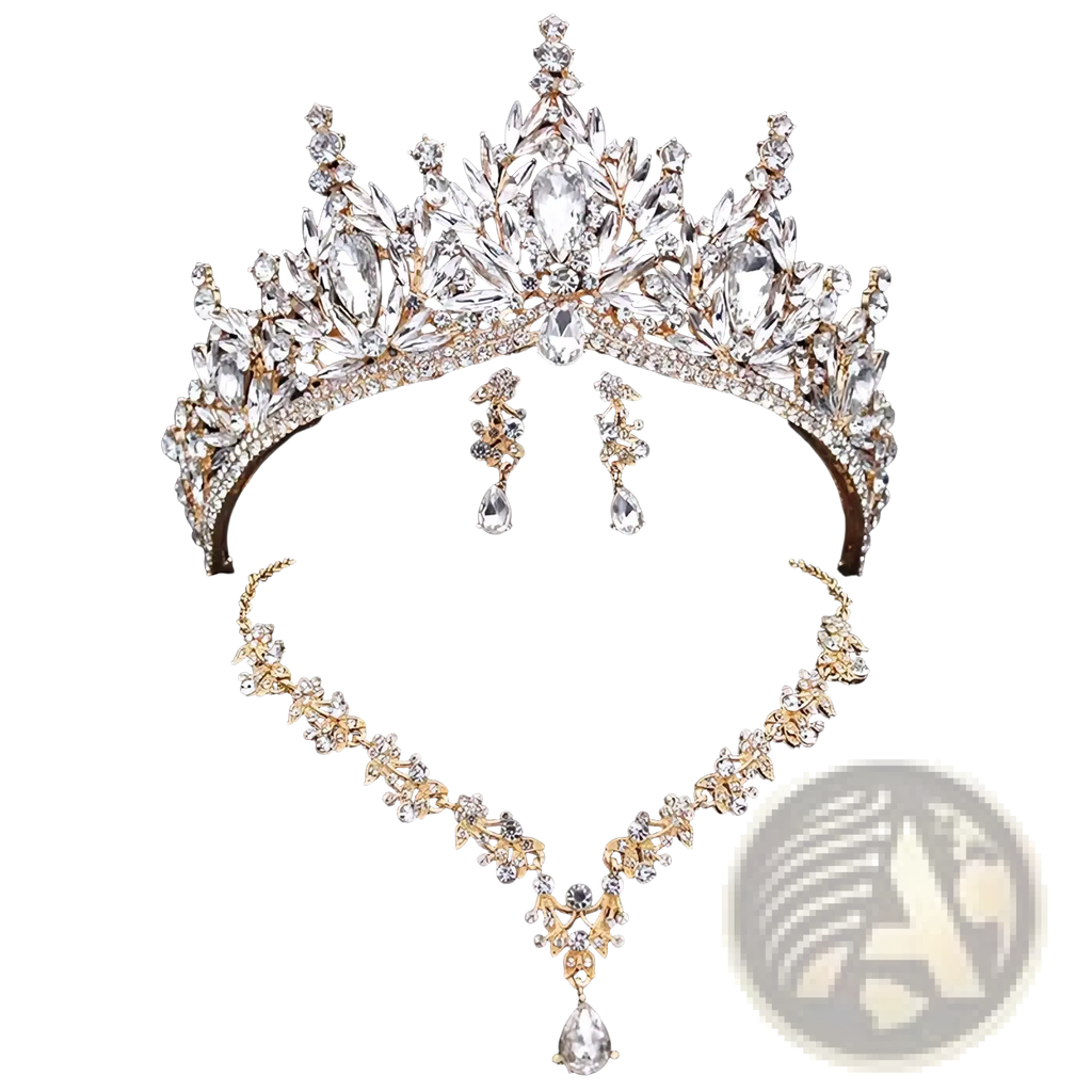 A sparkling gold bridal crown and jewelry set with clear crystal leaf designs and teardrop pendant accents