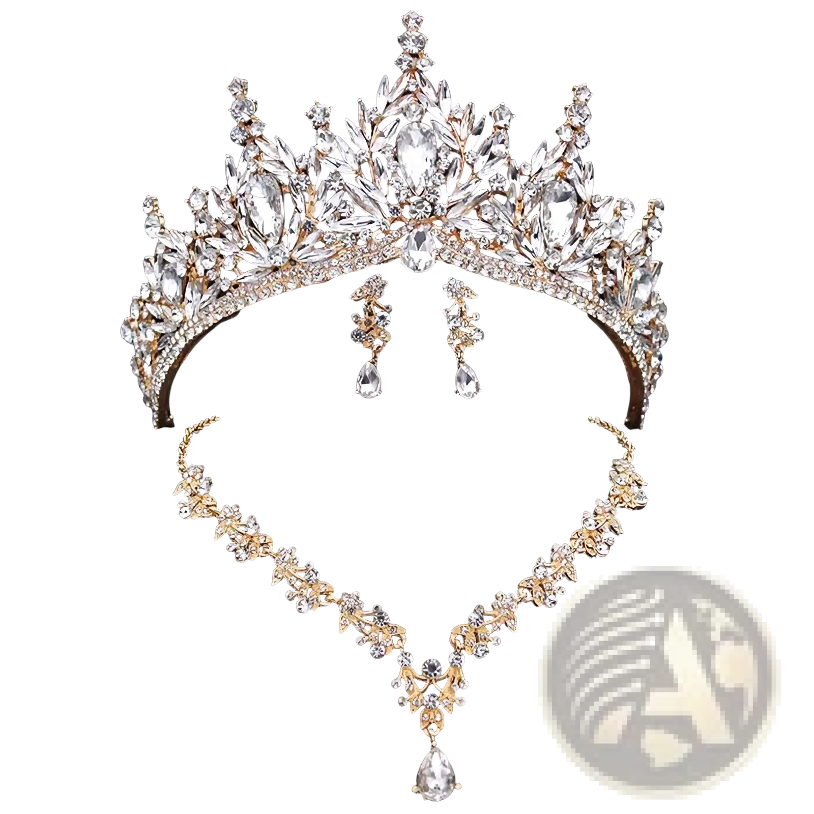 A sparkling gold bridal crown and jewelry set with clear crystal leaf designs and teardrop pendant accents