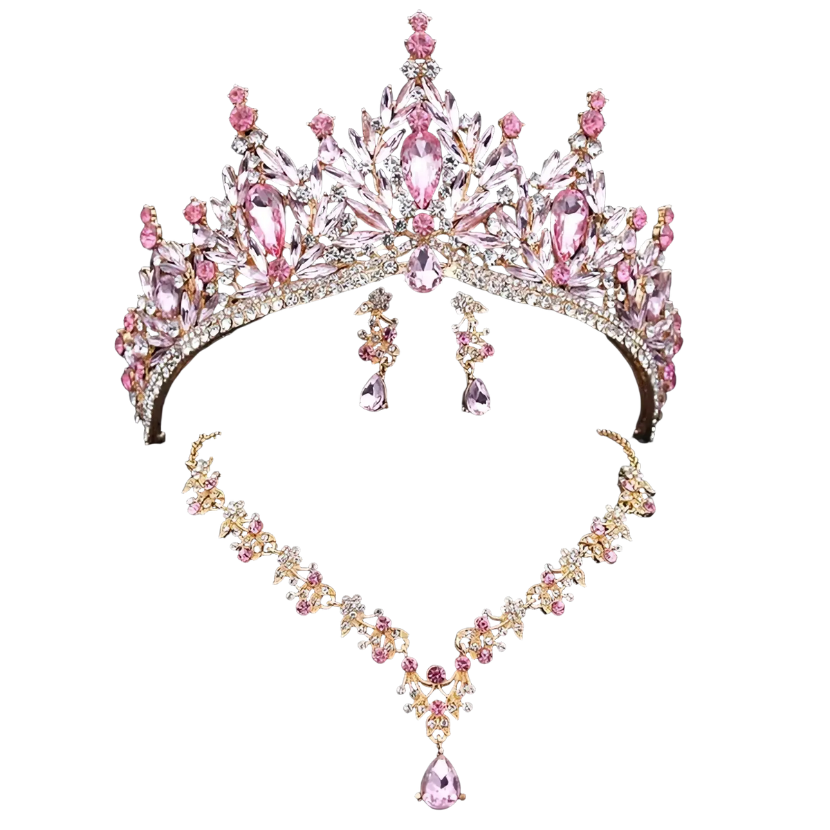 Bridal crown and jewelry set featuring a sparkling pink and gold tiara with teardrop crystals and leaf motifs