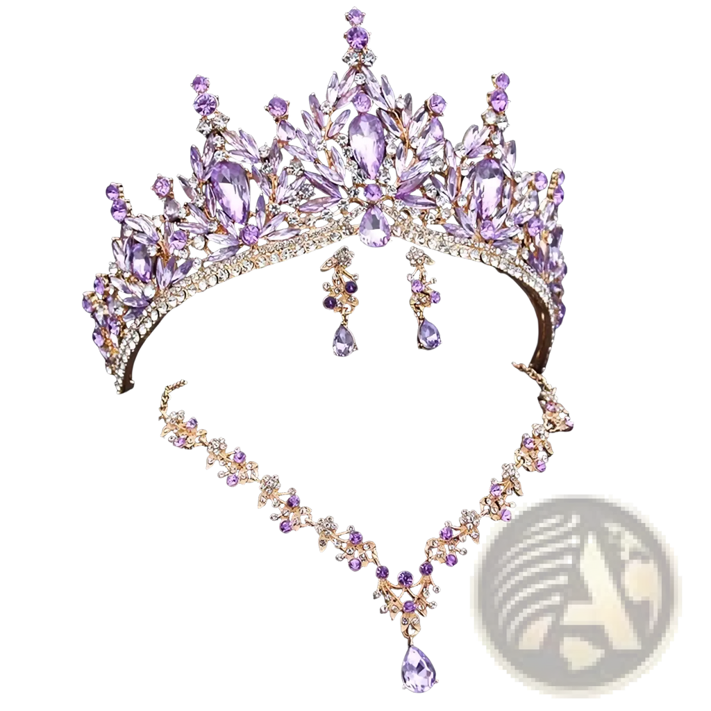 Bridal crown and jewelry set featuring a sparkling purple and gold tiara with matching amethyst leaf designs