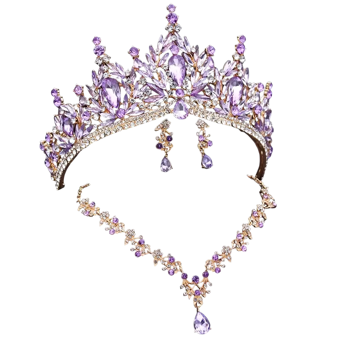 Bridal crown and jewelry set featuring a sparkling purple and gold tiara with matching amethyst leaf designs