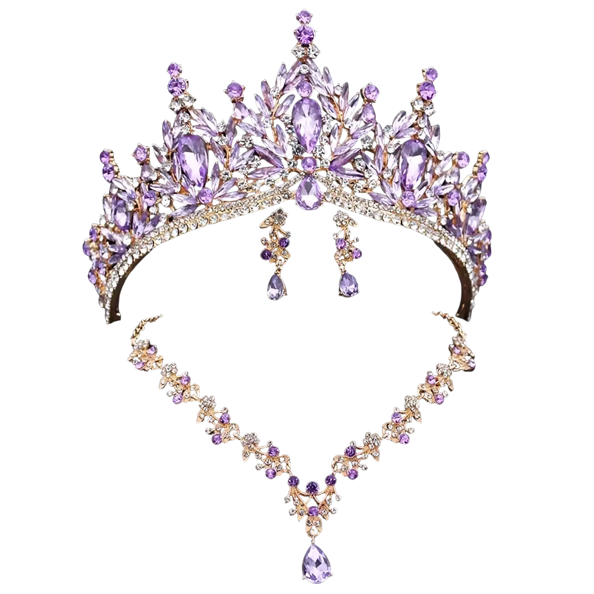A sparkling purple and gold bridal crown and jewelry set with teardrop crystals and floral motif wedding accessories