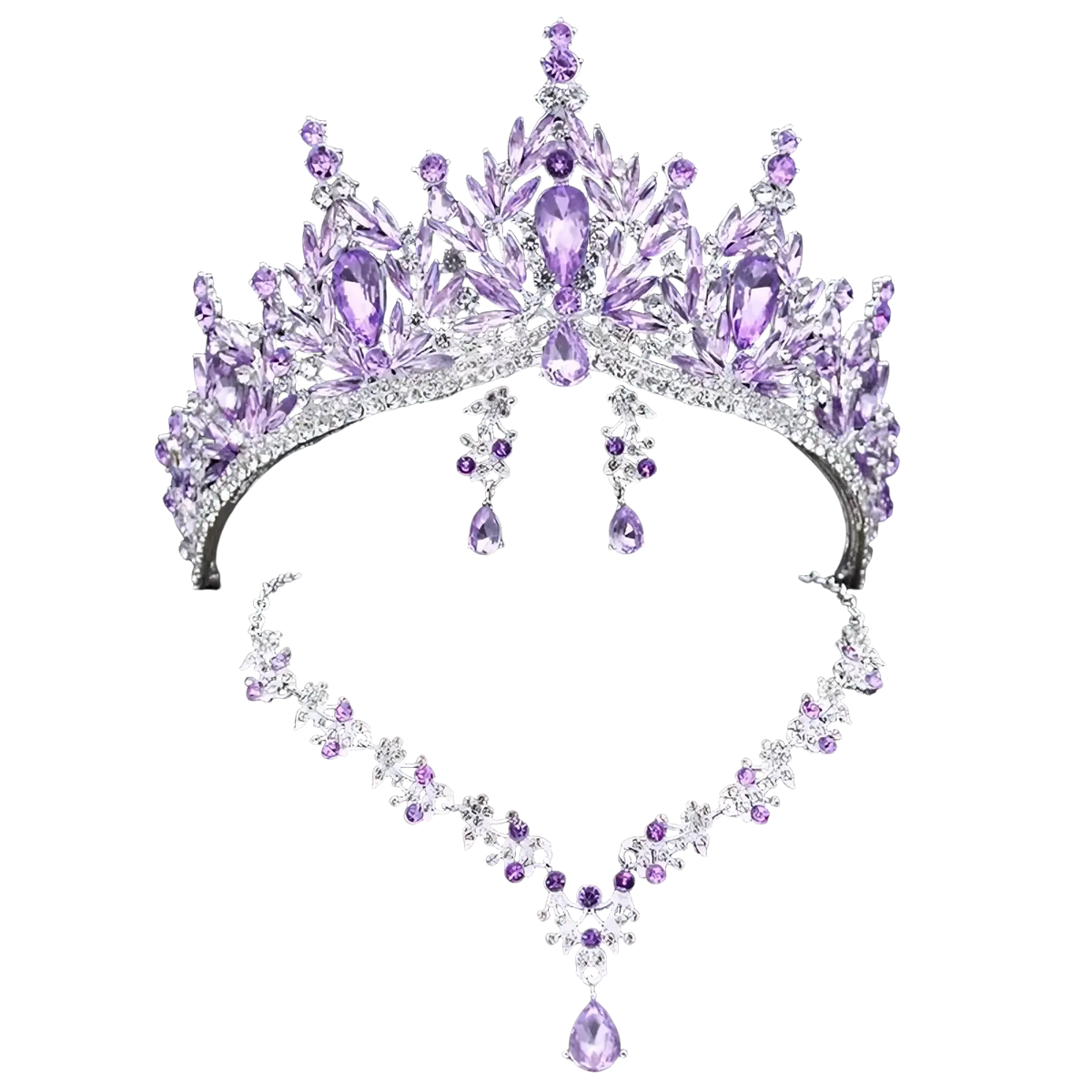 A sparkling purple and silver bridal crown with crystal amethyst and rhinestone leaf designs for wedding accessories