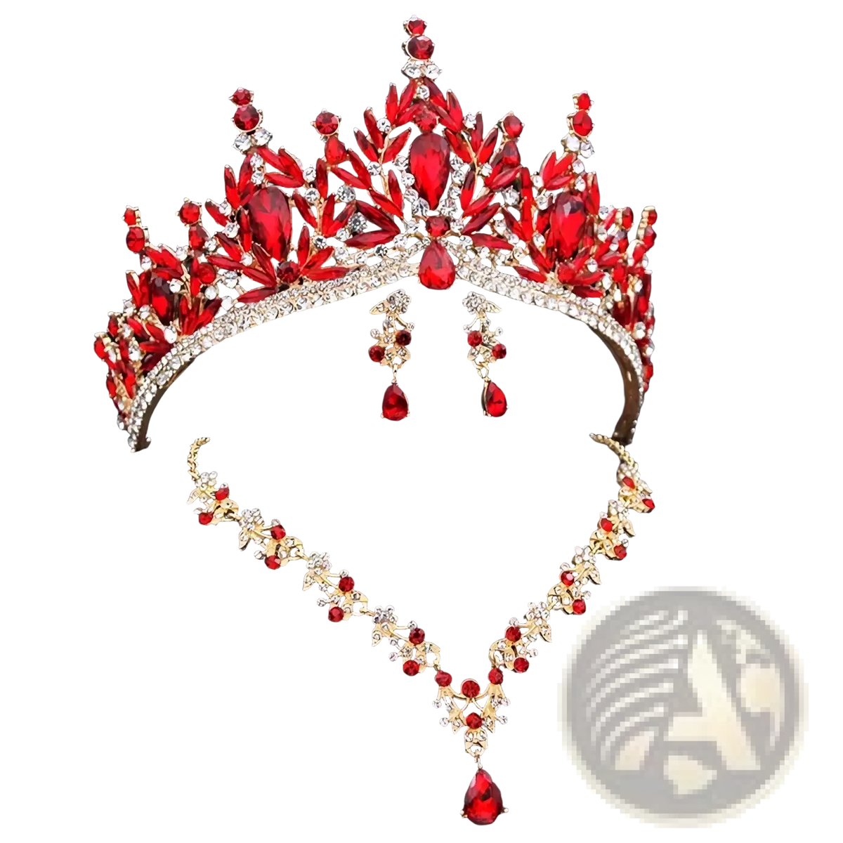 Bridal crown and jewelry set featuring a dazzling red and gold tiara with teardrop crystals and rhinestone accents