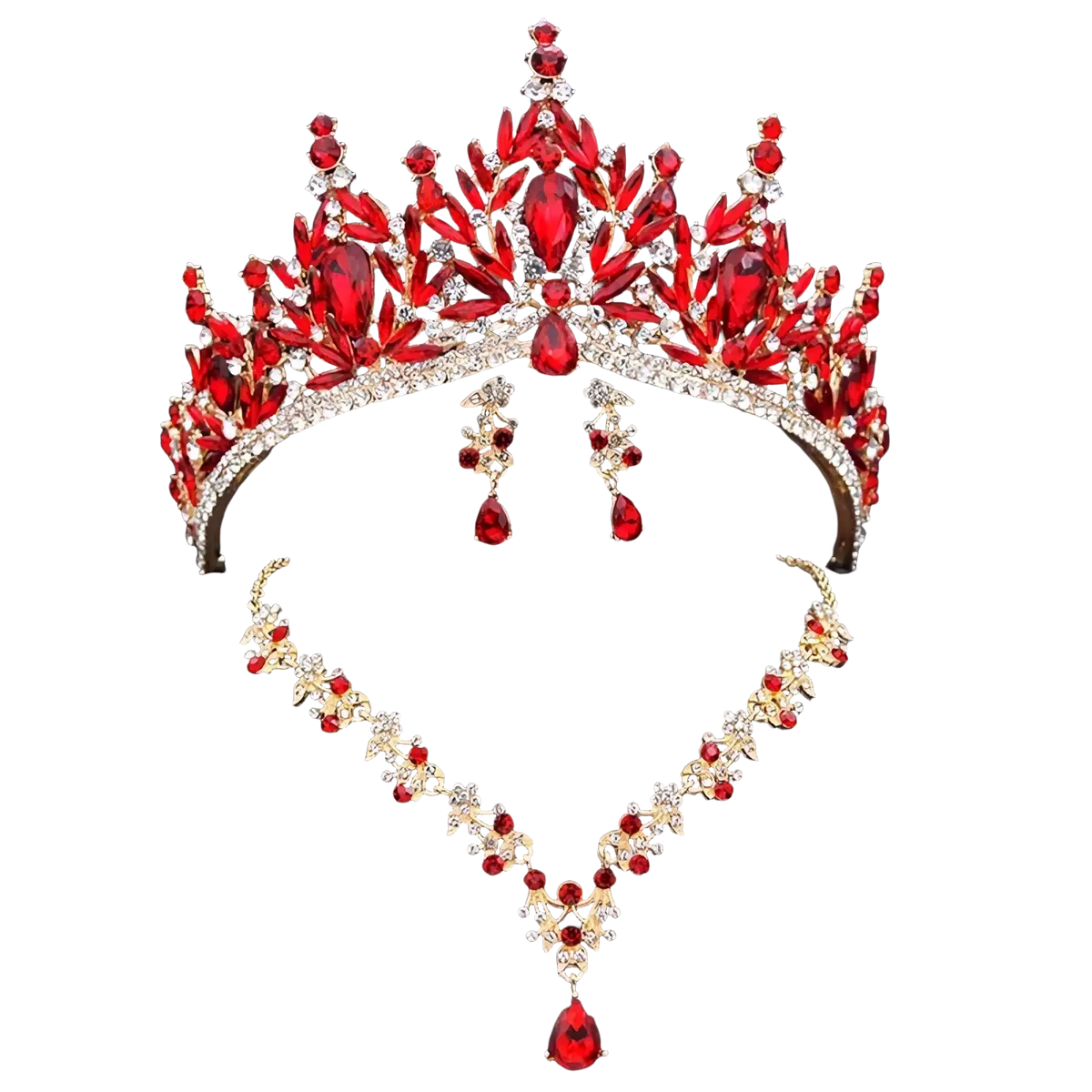 Bridal crown and jewelry set featuring a red and gold tiara with crystals and matching earrings and necklace