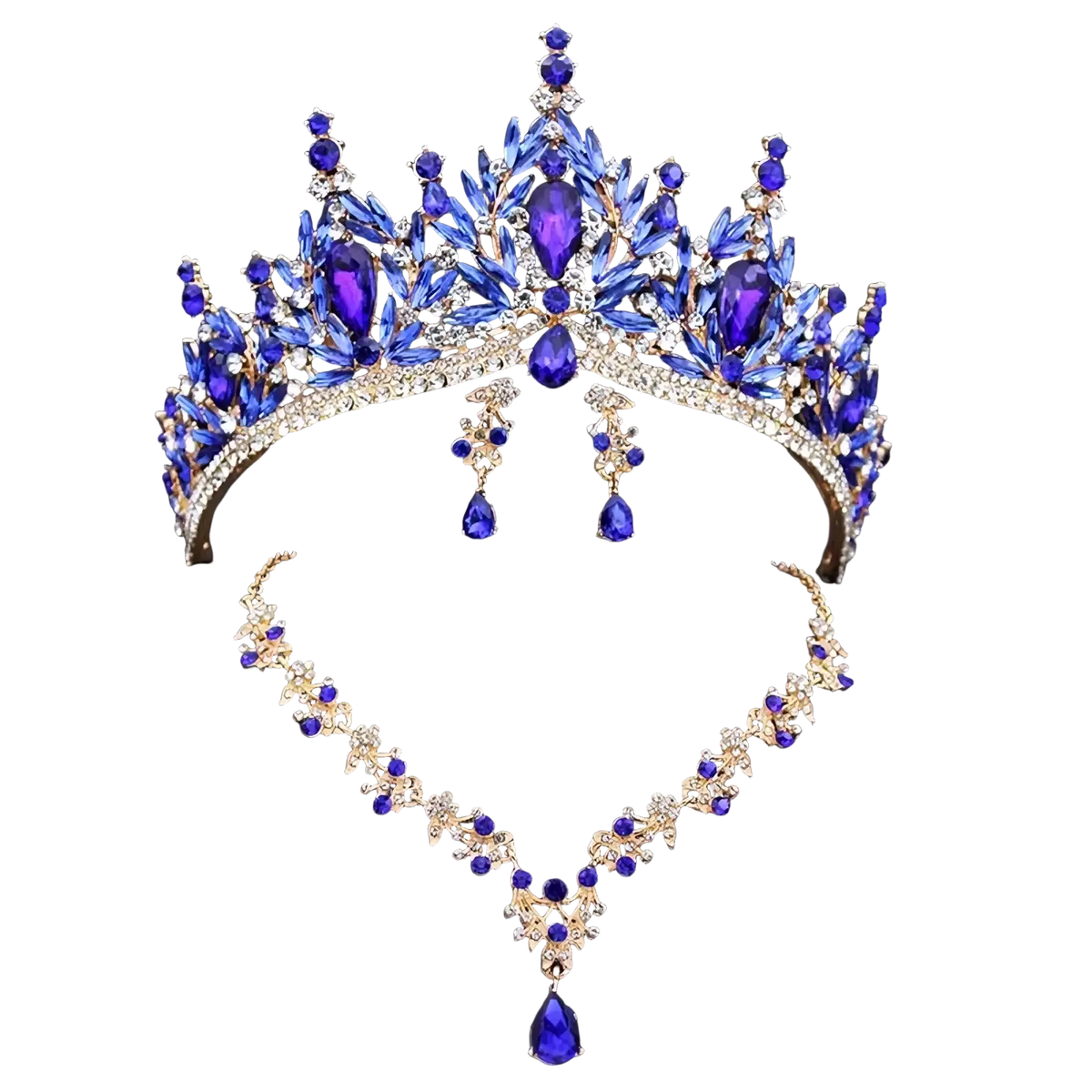 Bridal crown and jewelry set featuring royal blue and gold jeweled tiara with matching necklace and earrings adorned with crystals