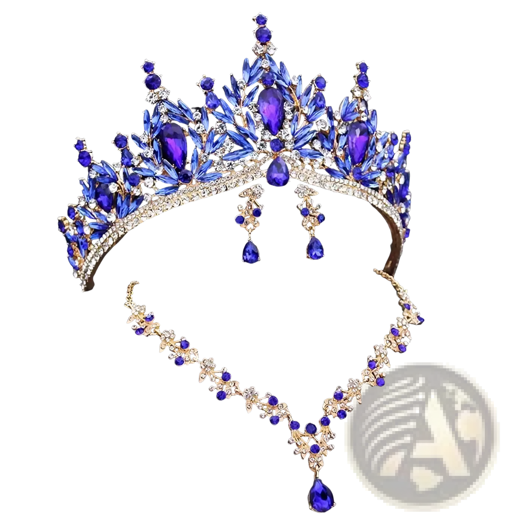 Bridal crown and jewelry set featuring a royal blue and gold tiara with purple and clear crystal floral motifs