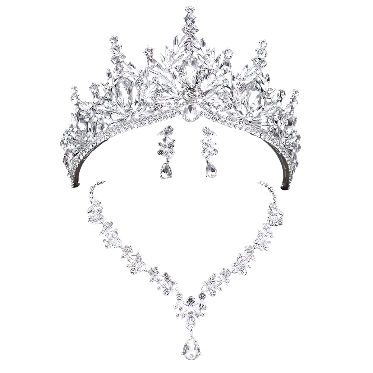 A sparkling silver bridal crown and jewelry set with clear crystal leaves, teardrop necklace, and matching earrings