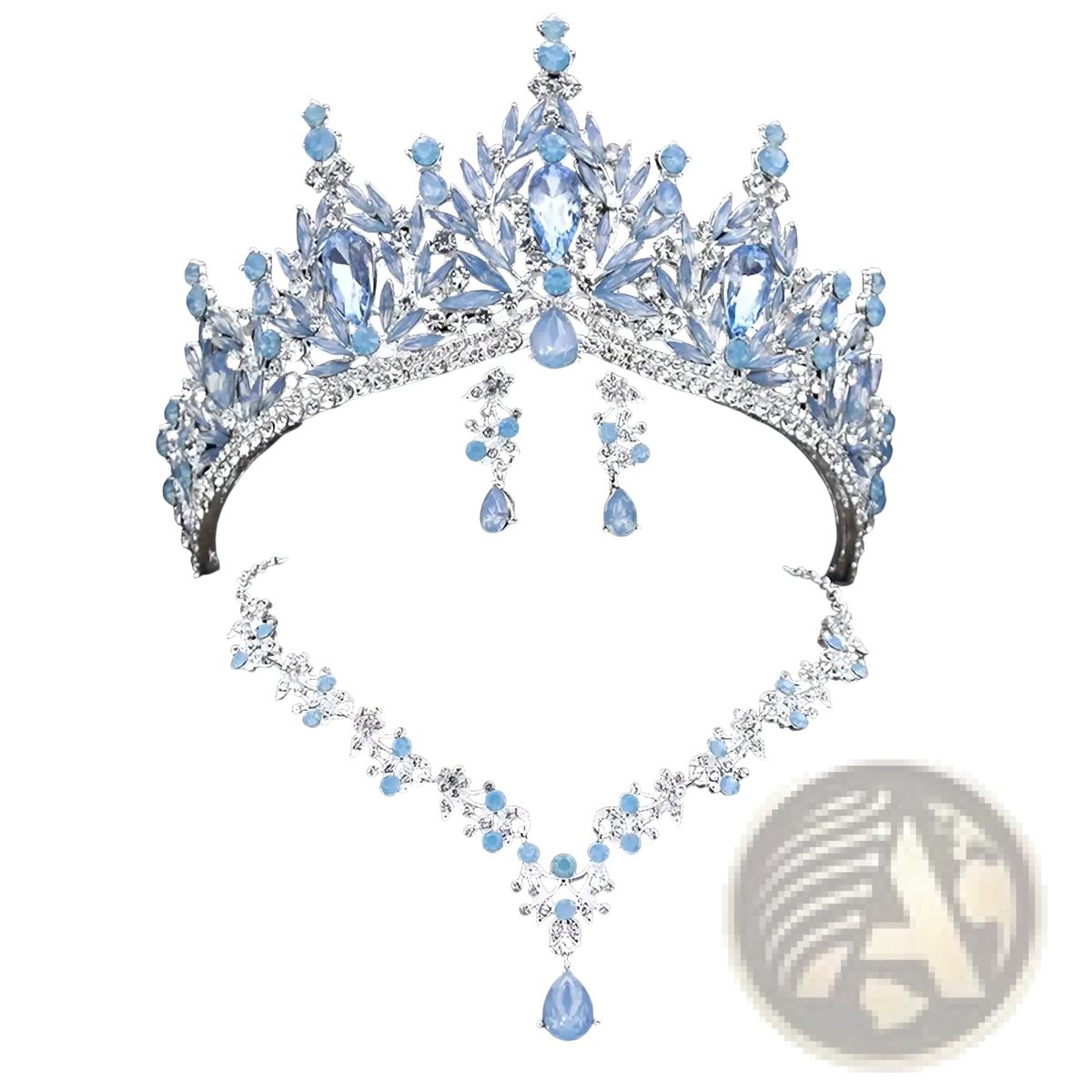 A sparkling silver bridal crown and jewelry set with light blue crystal teardrops and intricate leaf designs